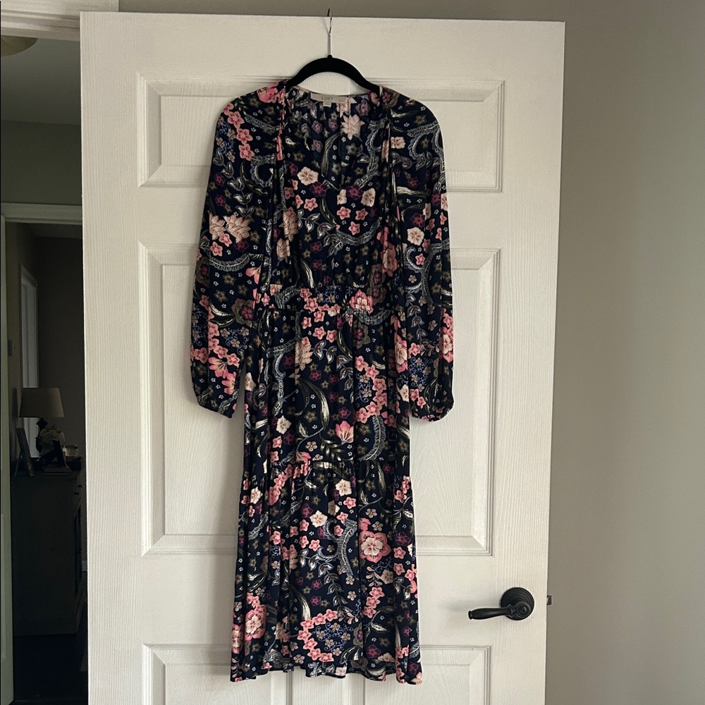 Floral Long-Sleeve Midi Dress - Navy with Pink Floral Print